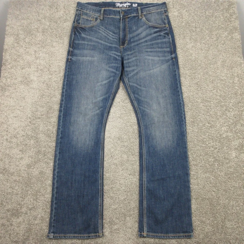 Wrangler Retro Jeans Mens 36x34 Blue Slim Boot Faded Whisker Cowboy Denim Pants